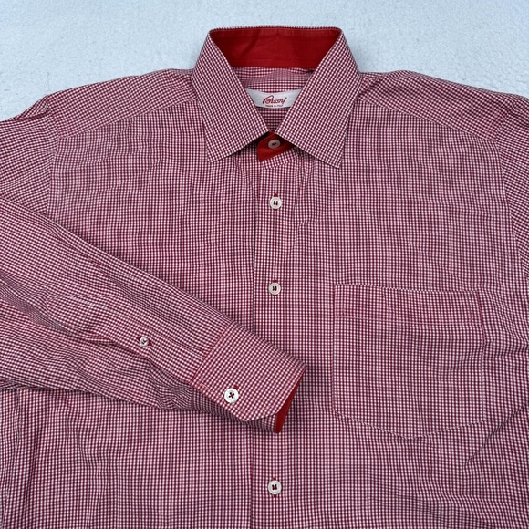Brioni Other - Brioni Shirt Mens 40 Red Gingham Cotton Long Sleeve Dress Button Front Italy